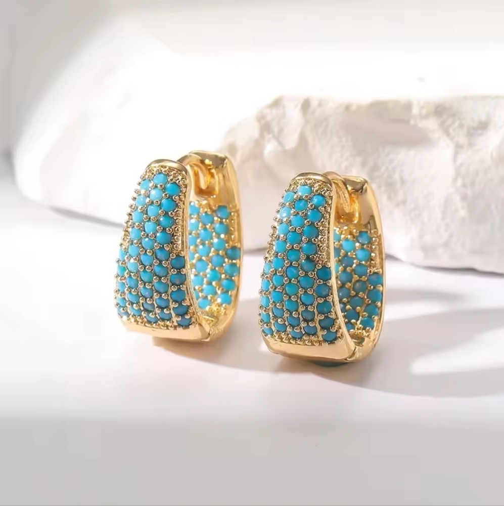 Luxury Turquoise Gold Color Plated Micro Intact Blue Zircon Earrings